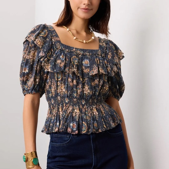 Ulla Johnson Warner Blouse Dark Blue Poplin Square Neck US 10 - Picture 1 of 5